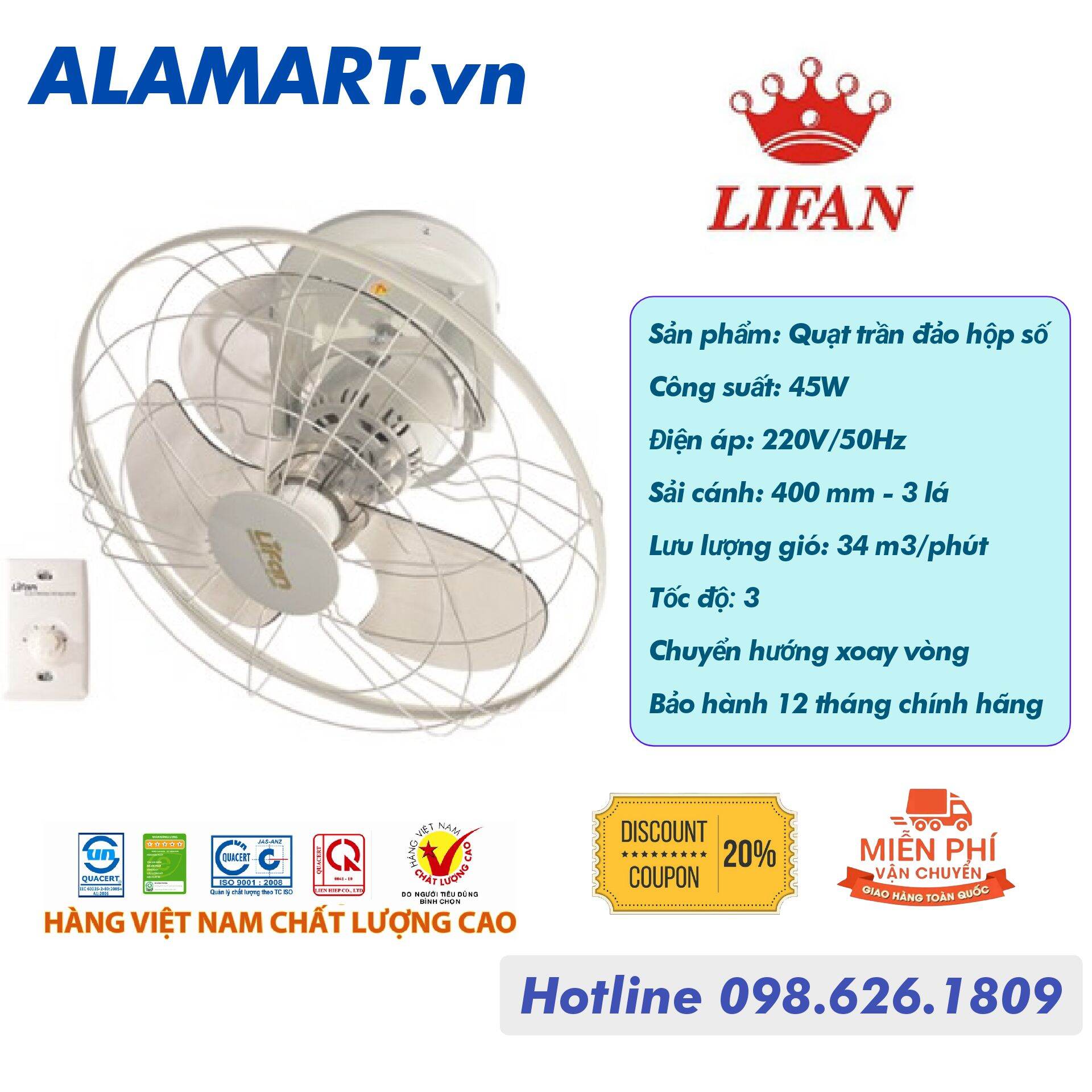 Quạt trần đảo remote Lifan TĐ-16RC