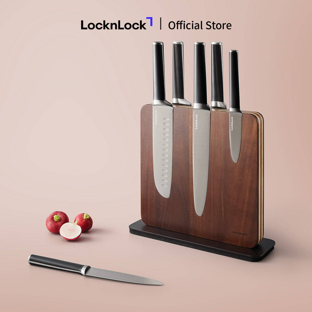 Bộ dao 7 món LockLock CKK804 gồm 6 dao, 1 khối đỡ dao nam châm bằng gỗ - Màu nâu
