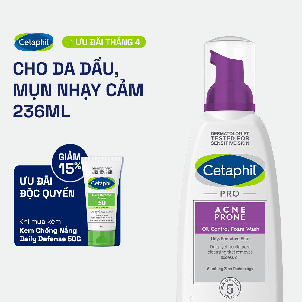 Sữa rửa mặt tạo bọt mịn dịu lành cho da dầu mụn nhạy cảm CETAPHIL PRO ACNE PRONE/OIL CONTROL FOAM WASH 236ml