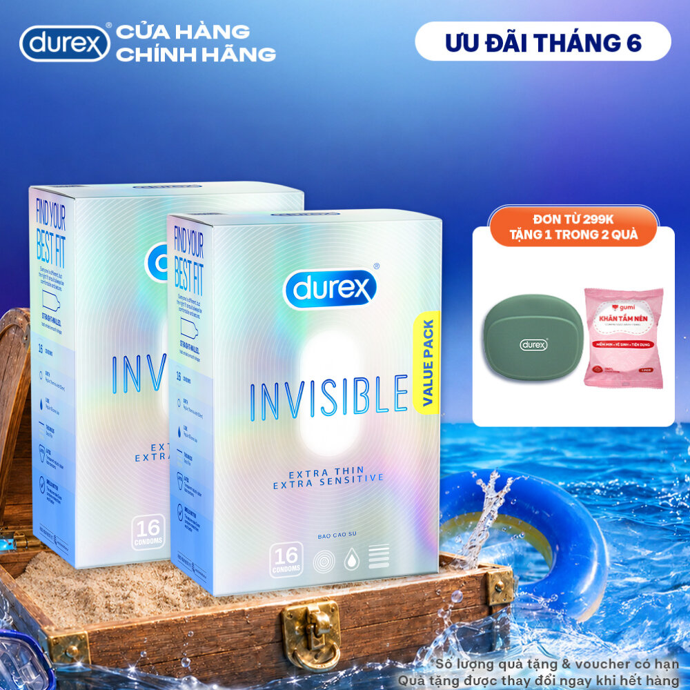 Bộ 2 Hộp Bao Cao Su Durex Invisible Siêu Mỏng, Size 52 mm, Hộp 16 Bao