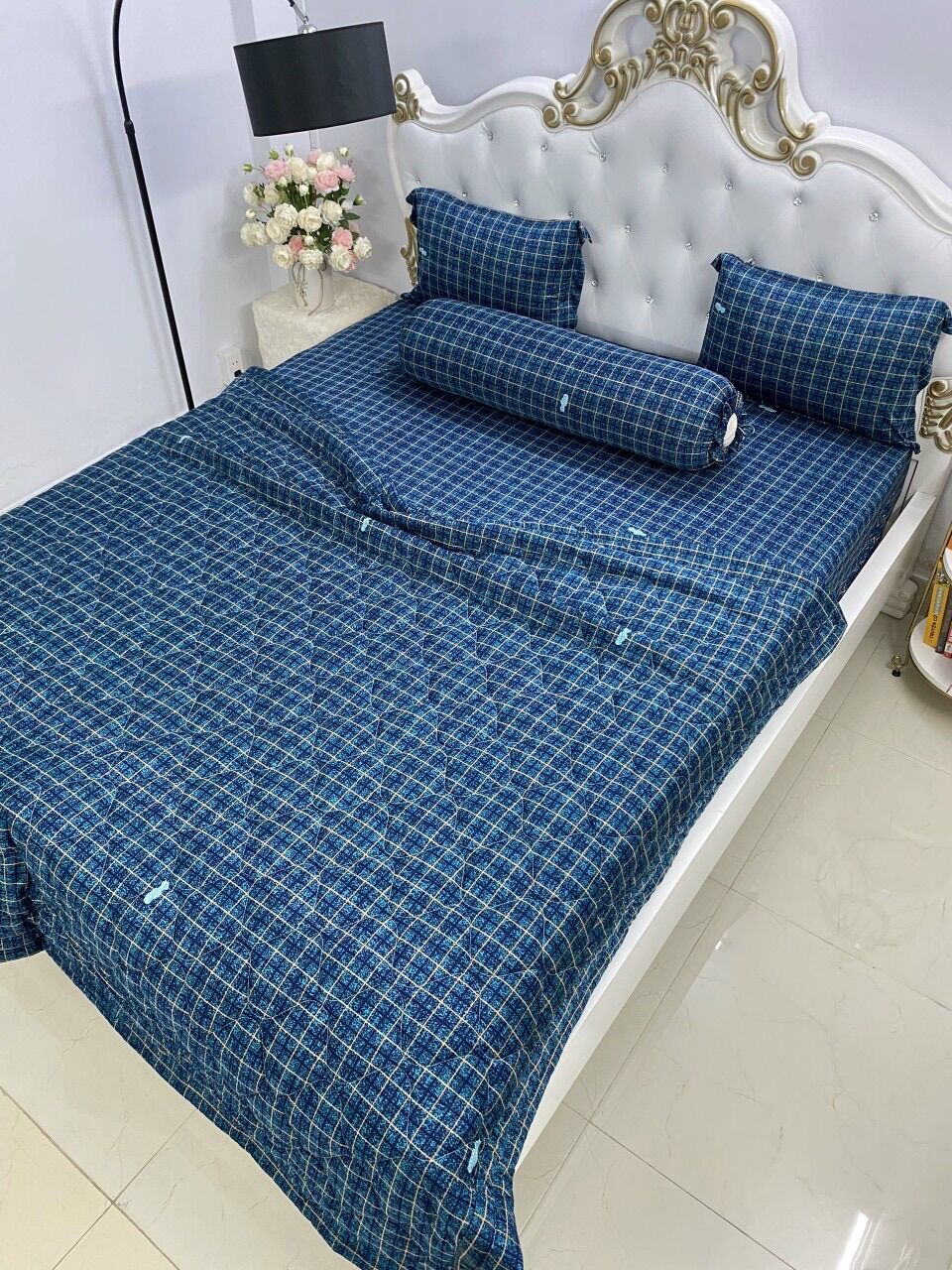 Bộ drap thun Hàn quốc 4 món hoạ tiết caro ( không phối)