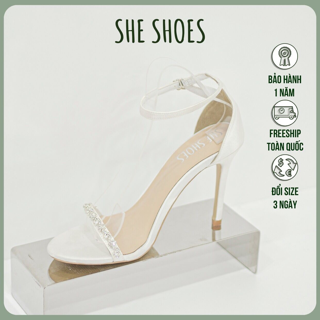 Giày sandal cao gót trắng đính đá 10 cm, thiết kế SHE SHOES - GC10003