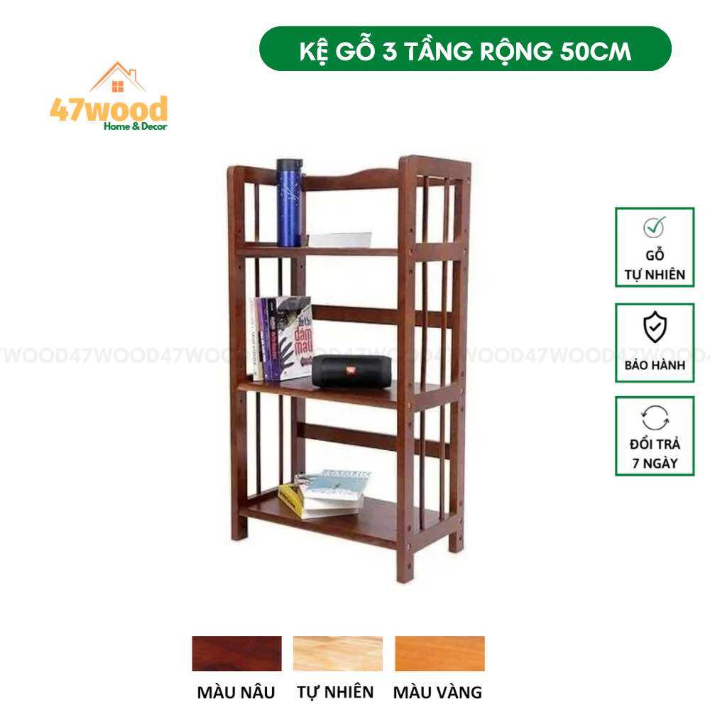 Kệ sách gỗ 3 tầng 50cm 47wood - Kệ gỗ 3 tầng gỗ cao su