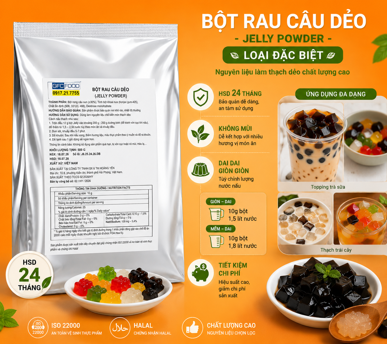 Bột rau câu dẻo Jelly Powder - làm rau câu dừa, thạch dẻo, topping trà sữa, không chảy nước, ko mùi, mềm mịn