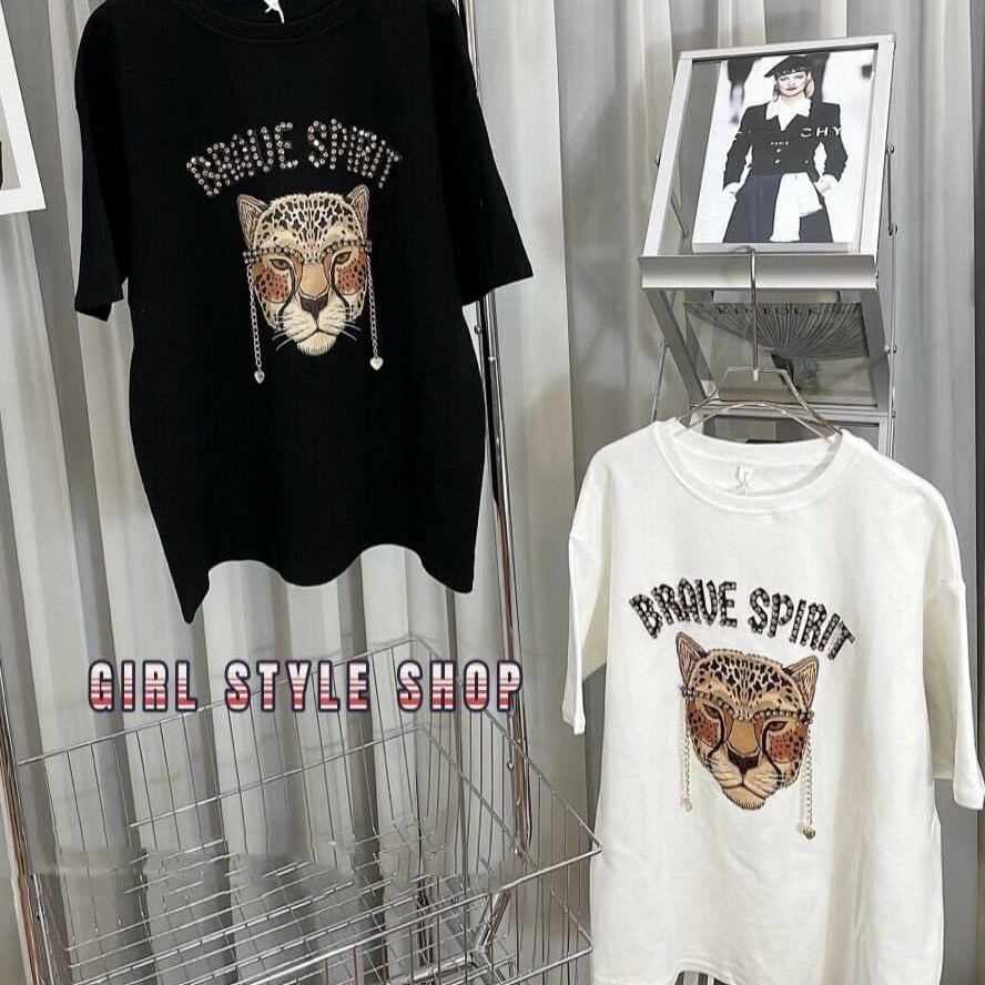 Áo phông cotton khô tay lỡ in decan hổ đeo kính