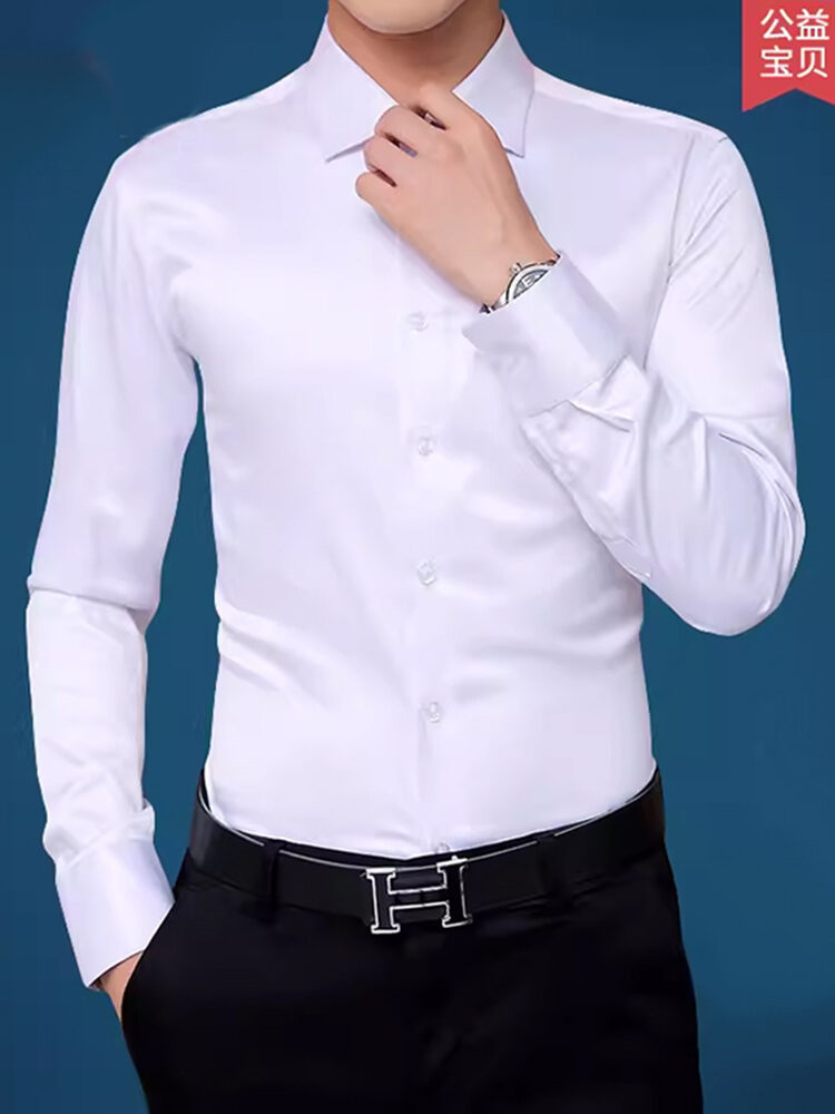 Áo Sơ Mi Nam Mùa Hè Dài Tay Mỏng Co Giãn Cao Cấp Ôm Vừa Vặn Màu Trắng Áo Sơ Mi Cổ Vuông Chất Liệu Polyester