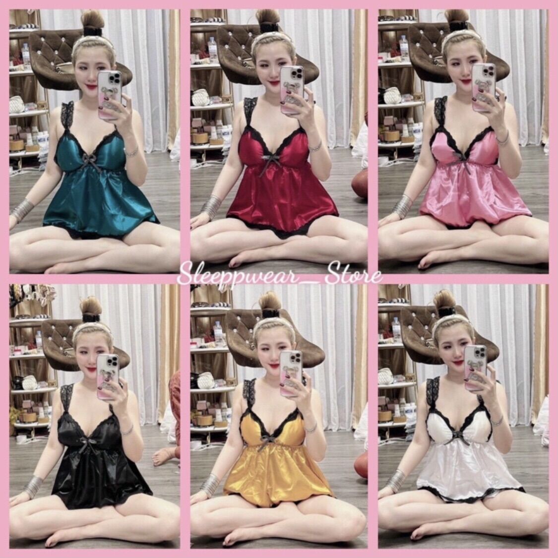 Đồ ngủ nữ - Đồ ngủ sexy phối ren có mút ngực chất phi bóng free size 40-55kg
