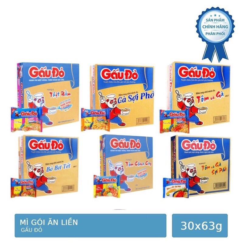 Thùng 36 gói mì ăn liền gấu đỏ chua cay/sợi phở/ thịt bằm 63g