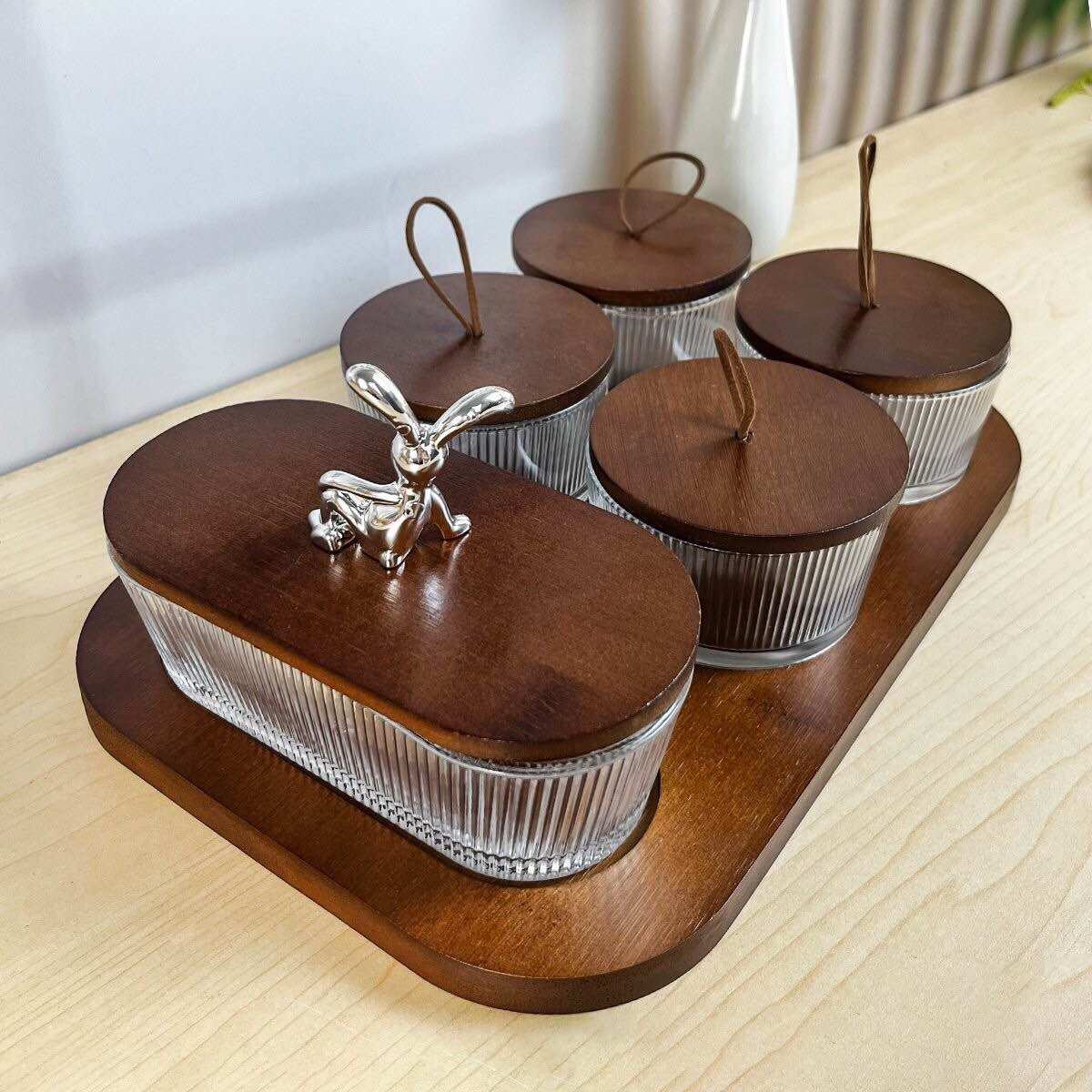 Set 5 món kèm khay thủy tinh đựng đồ mứt nắp gỗ