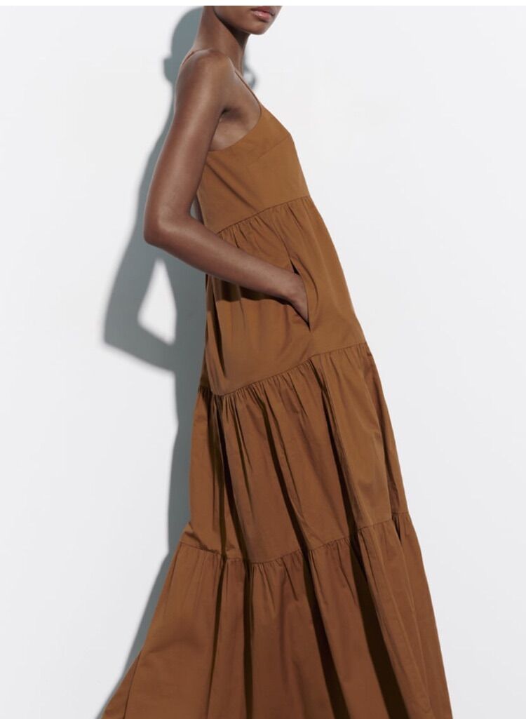 Đầm Zara 2 dây nâu maxi cực tây