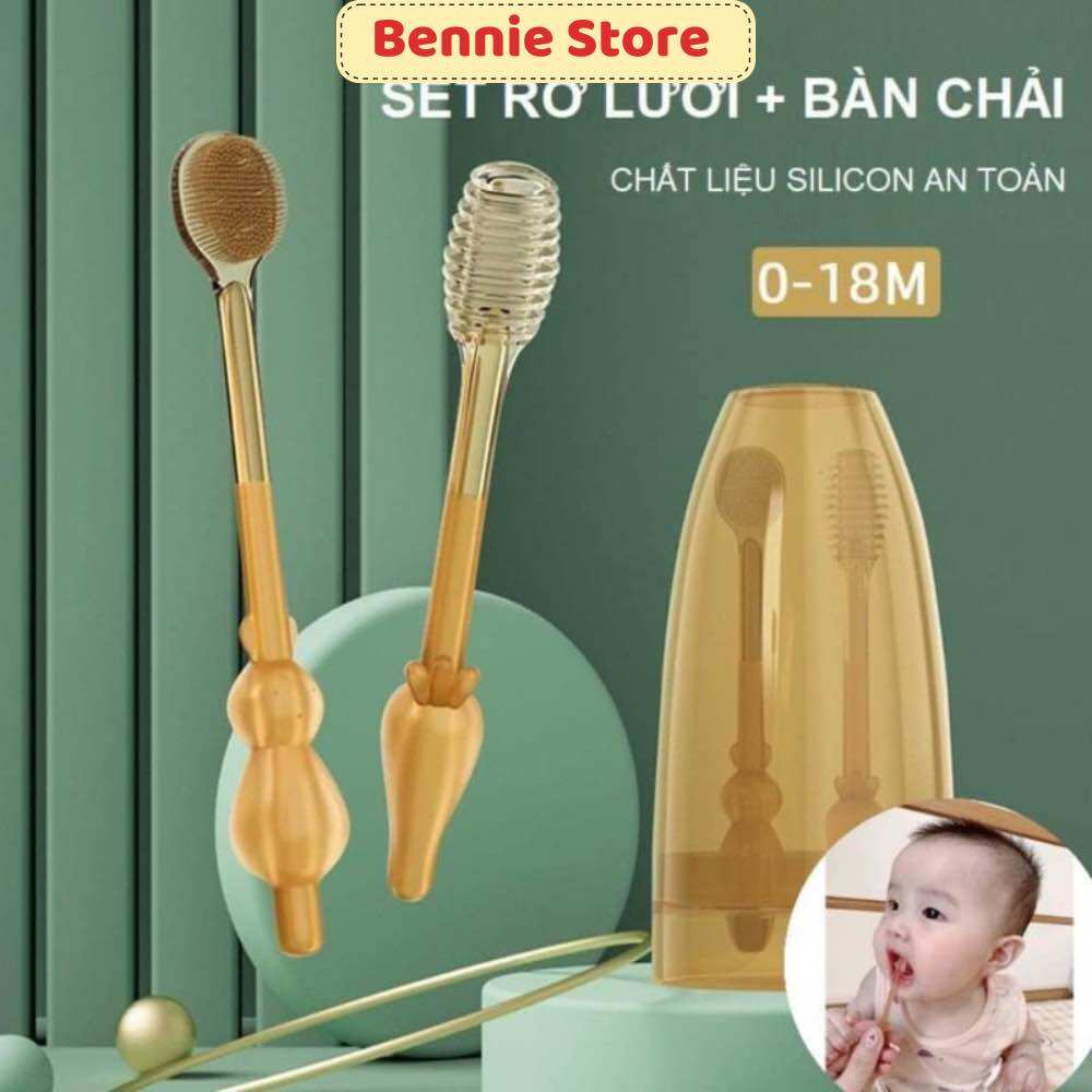 Set bàn chải silicon, rơ lưỡi siêu mềm mại cho bé 0-18 tháng