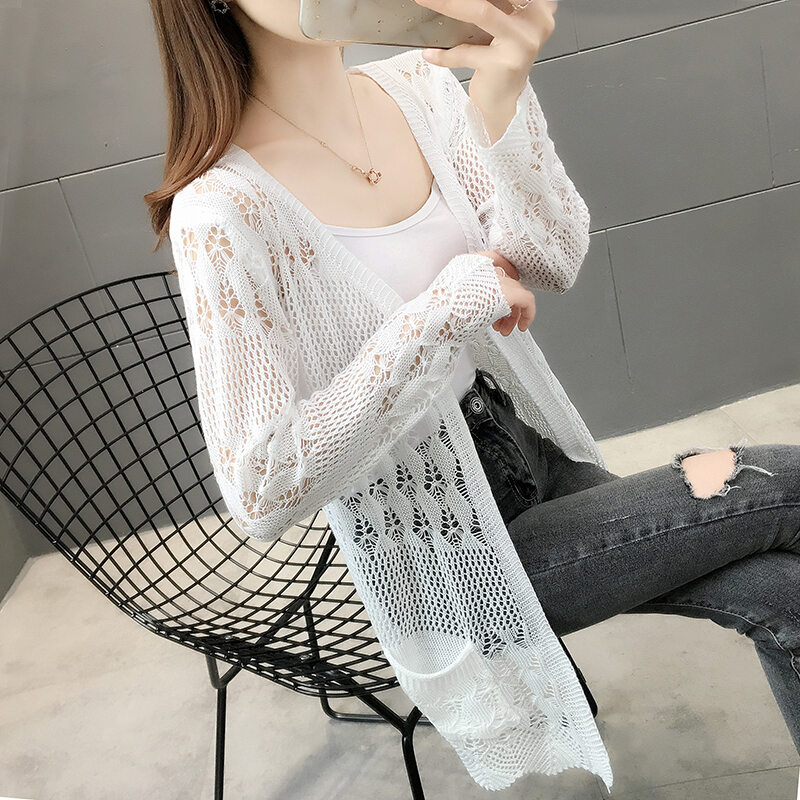 Áo Khoác Cardigan Áo Dệt Kim Có Lỗ Mẫu Mỏng Mùa Xuân Hè Cho Nữ Áo Len Dáng Dài Vừa Phối Bên Ngoài Áo Khoác Chống Nắng Áo Điều Hòa