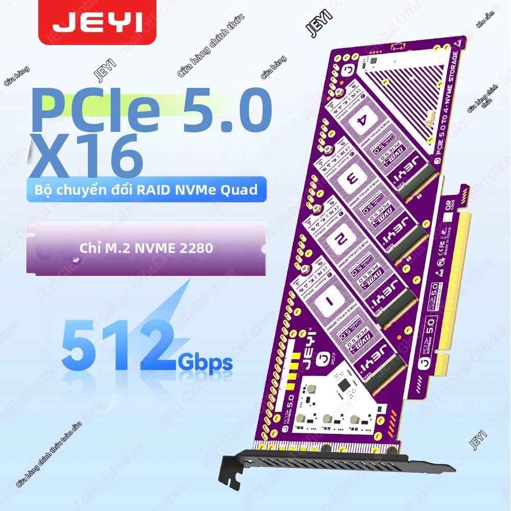 JEYI | Thẻ Mở Rộng JEYI PCIe 5.0 X16 Quad M.2 4 Khe NVMe RAID 0/1/5/JBOD 512Gb/s 8TB Mỗi SSD, Tương Thích PCIe 4.0/3.0, Lắp Đặt Bên Trong Giá 973,000 Đồng*Miễn phí vận chuyển