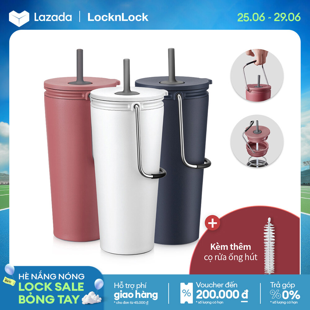 LHC4268 - Bình giữ nhiệt có ống hút Lock&Lock 540ml Bucket Tumbler with Straw - Thép không gỉ, có quai xách, đế chống trượt - Hàng chính hãng
