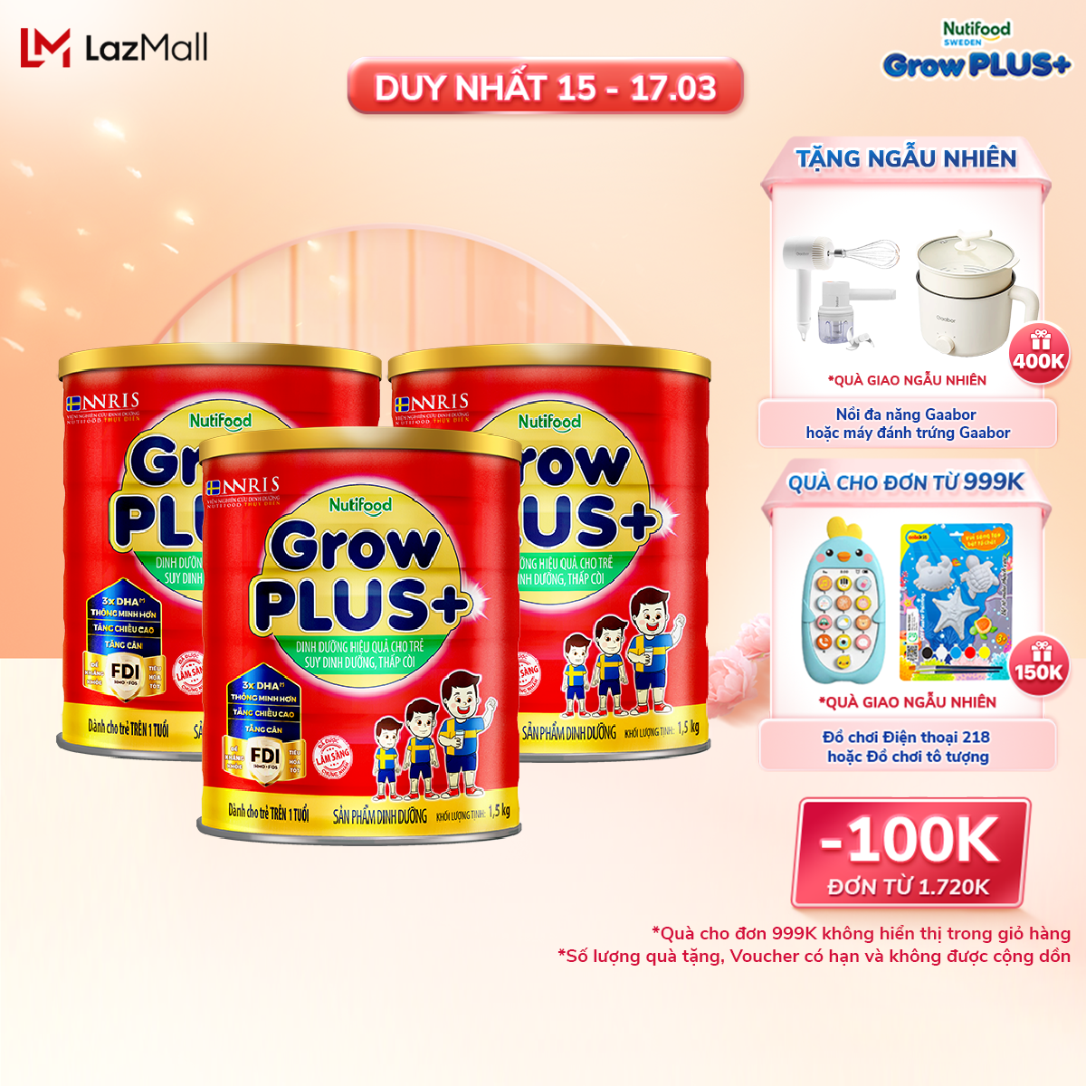 Combo 3 Sản Phẩm Dinh Dưỡng Dạng Bột Nutifood GrowPLUS Suy Dinh Dưỡng 1.5kg Trên 1 Tuổi Tăng Cân Tăng Chiều Cao 3 Lon x Lon 1.5kg