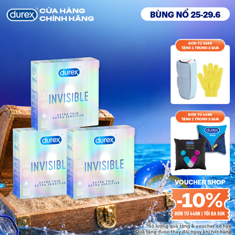 Bộ 3 hộp bao cao su Durex Invisible  Extra Thin Extra Sensitive siêu mỏng, size 52mm, 3 bao/hộp