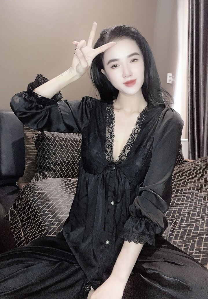 Đồ ngủ pyjama nữ mặc nhà- Chất Lụa Latin phối ren siêu sang - Mẫu tiểu thư tay dài nút ngọc