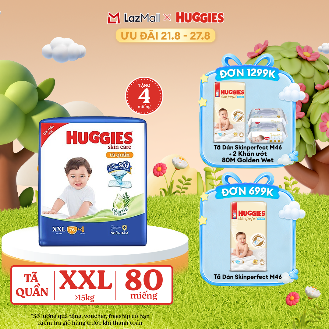 [17-24.08 GIẢM THÊM 90K]  Gói Tã/bỉm quần HUGGIES SKINCARE MEGA JUMBO size XXL76+4 miếng