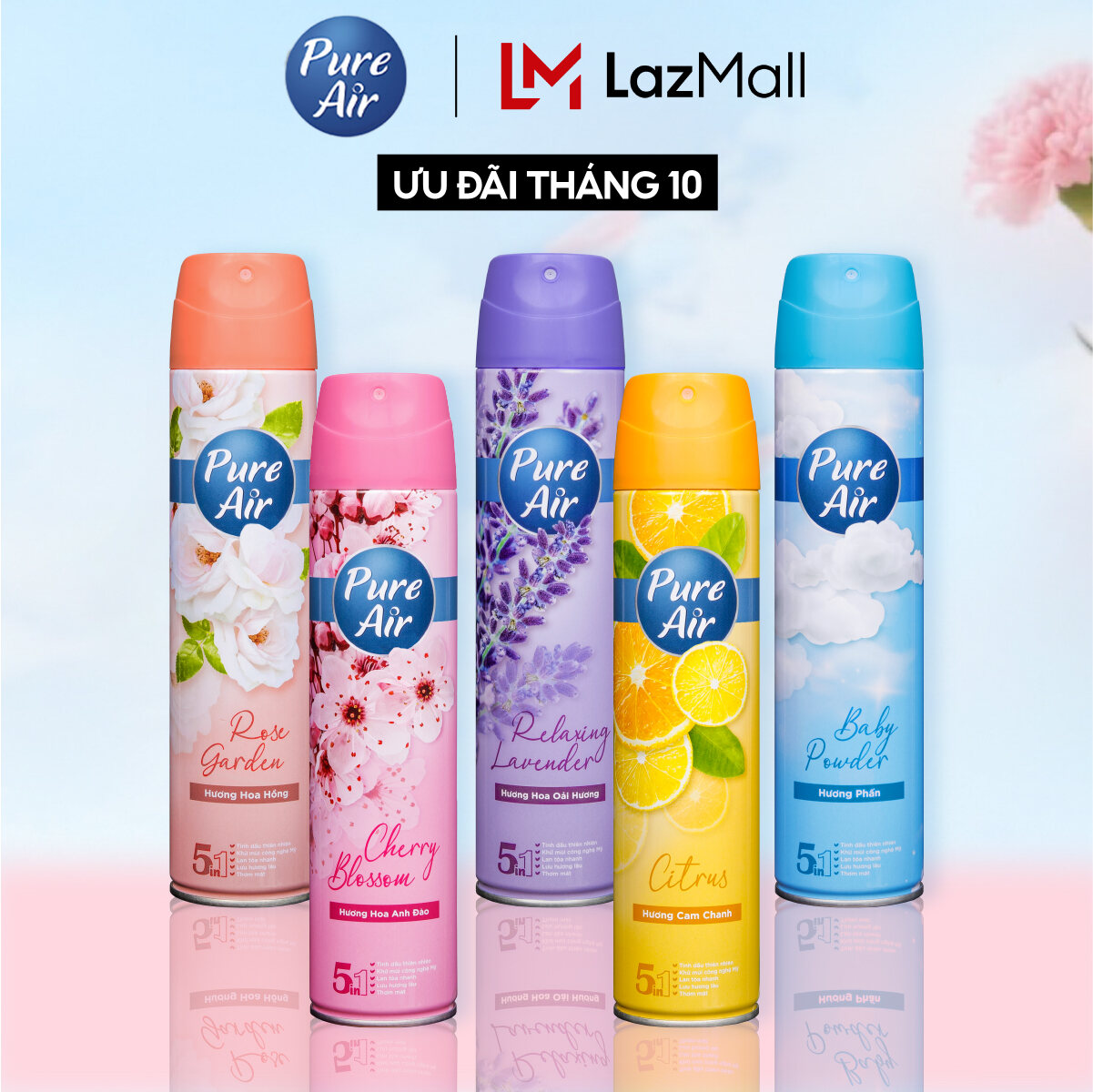 Xịt Phòng Hương Nước Hoa Pure Air Khử mùi Hương Hoa Hồng Hương Anh Đào Hương Cam Chanh Hương Phấn Hương Oải Hương 280ml