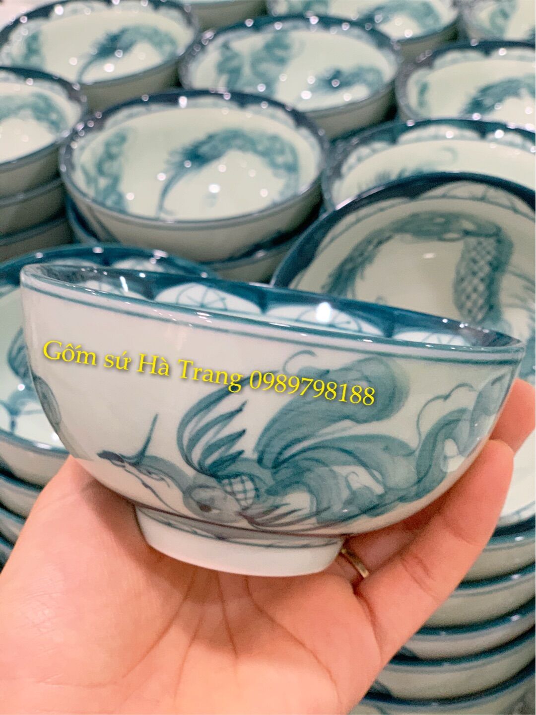 Combo 10 bát cơm gốm sứ Bát Tràng hoạ tiết rồng phượng