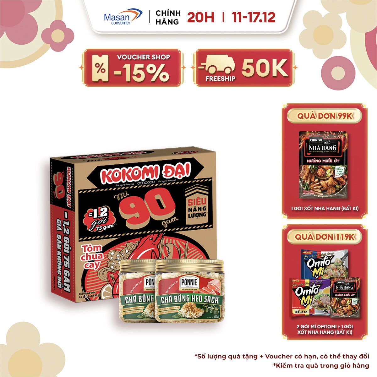 [VC 15% ĐƠN 199K] Combo 1 thùng Mì KOKOMI Đại 90 Tôm Chua Cay Gói 90g - Thùng 30 Gói x 90g và 2 Hộp 