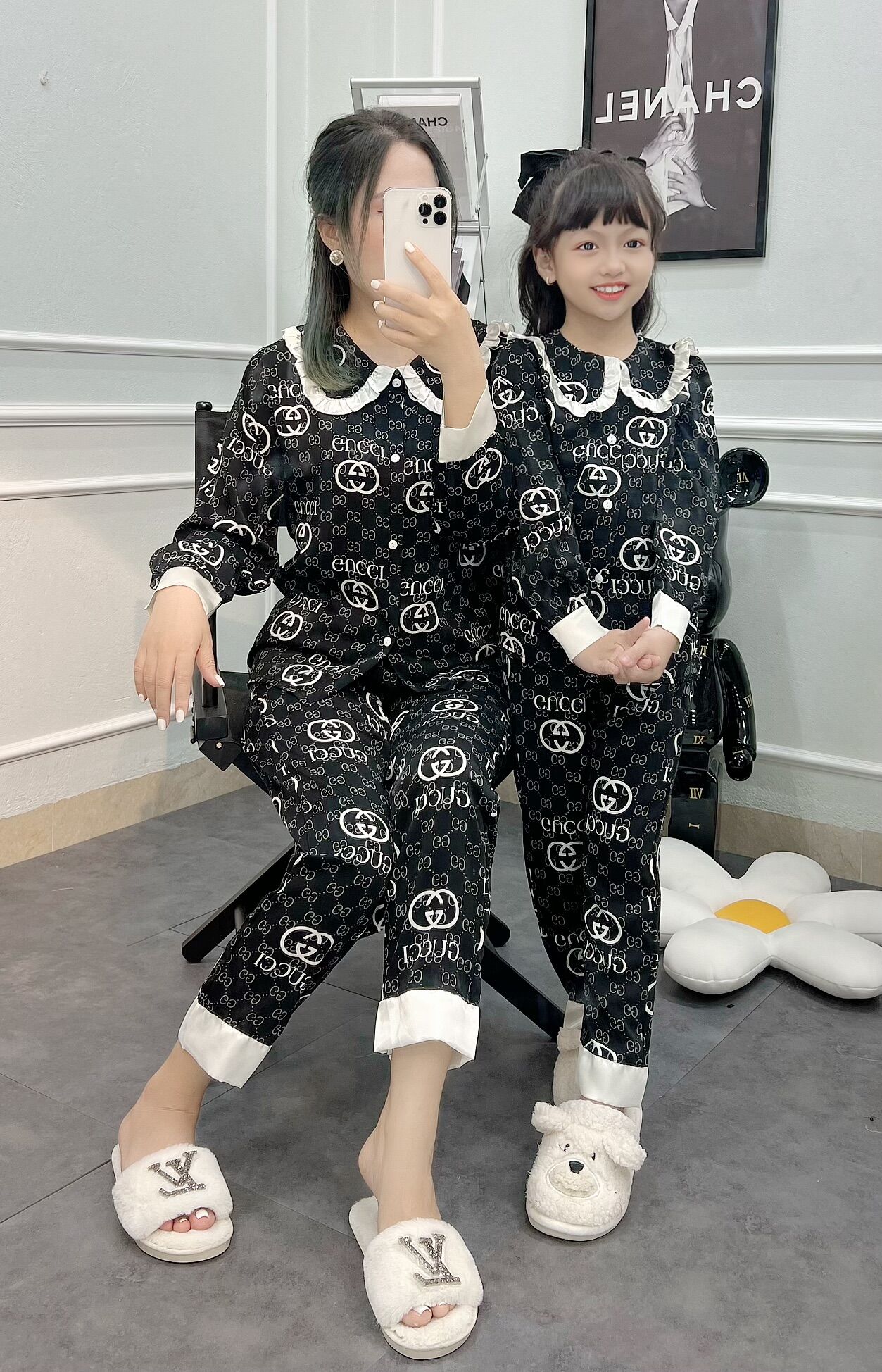 Bộ ngủ Pijama cho mẹ và bé gái chất lụa mango Size từ 17-60kg
