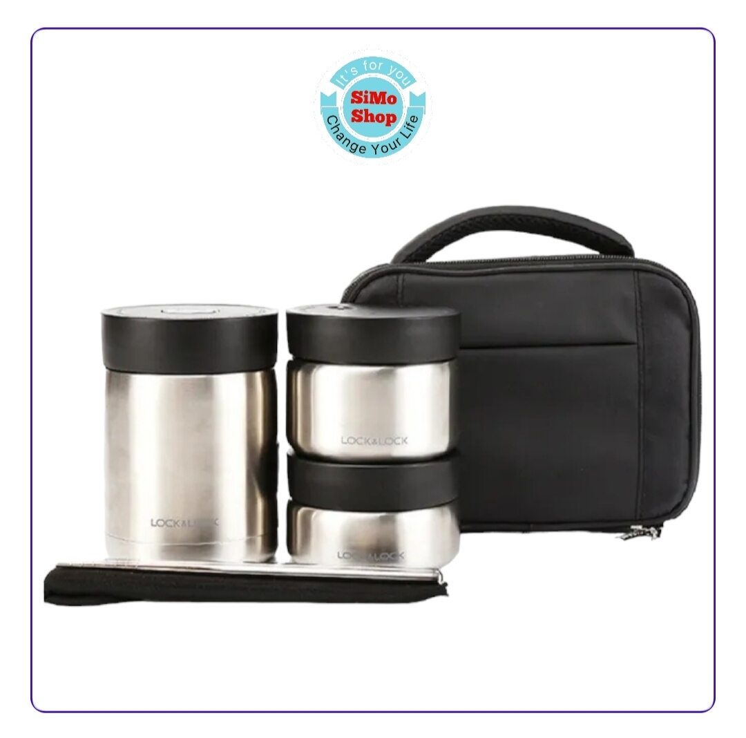 [HCM Giao siêu tốc 2h] Bộ 3 Hộp Cơm (460ml - 420ml - 280ml, kèm túi, đũa Lock&Lock) - Thép Không Gỉ Inox 304 Lock&Lock