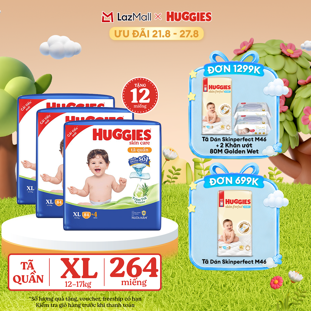 [17-24.08 GIẢM THÊM 90K] Combo 3 Gói Tã/bỉm quần HUGGIES SKINCARE MEGA JUMBO size XL84+4 miếng