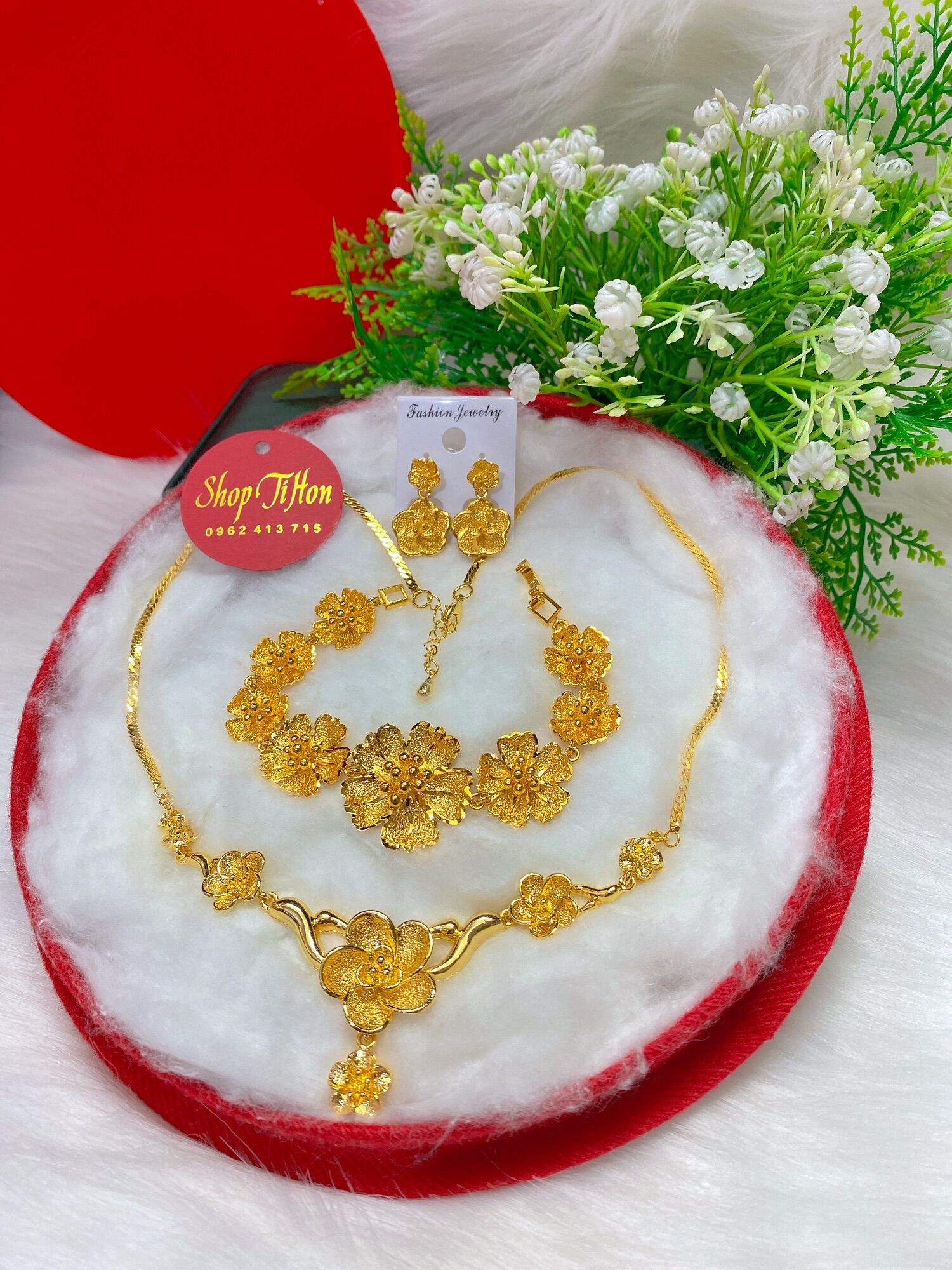 Set bộ trang sức cưới cô dâu mạ vàng 24k cao cấp bộ 3 món y hình