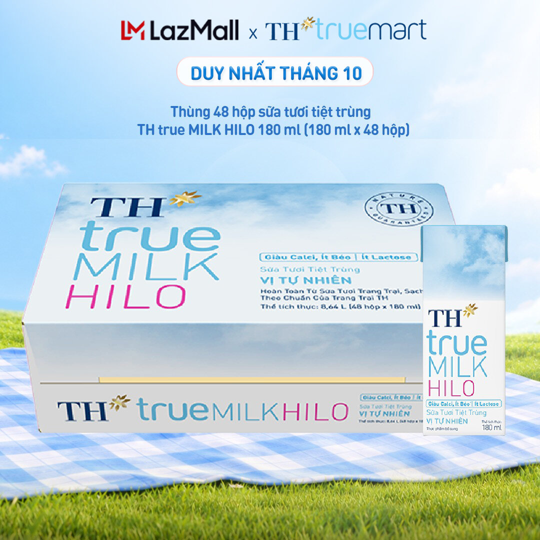 Thùng 48 hộp sữa tươi tiệt trùng TH true MILK HILO vị tự nhiên 180 ml (180 ml x 48)