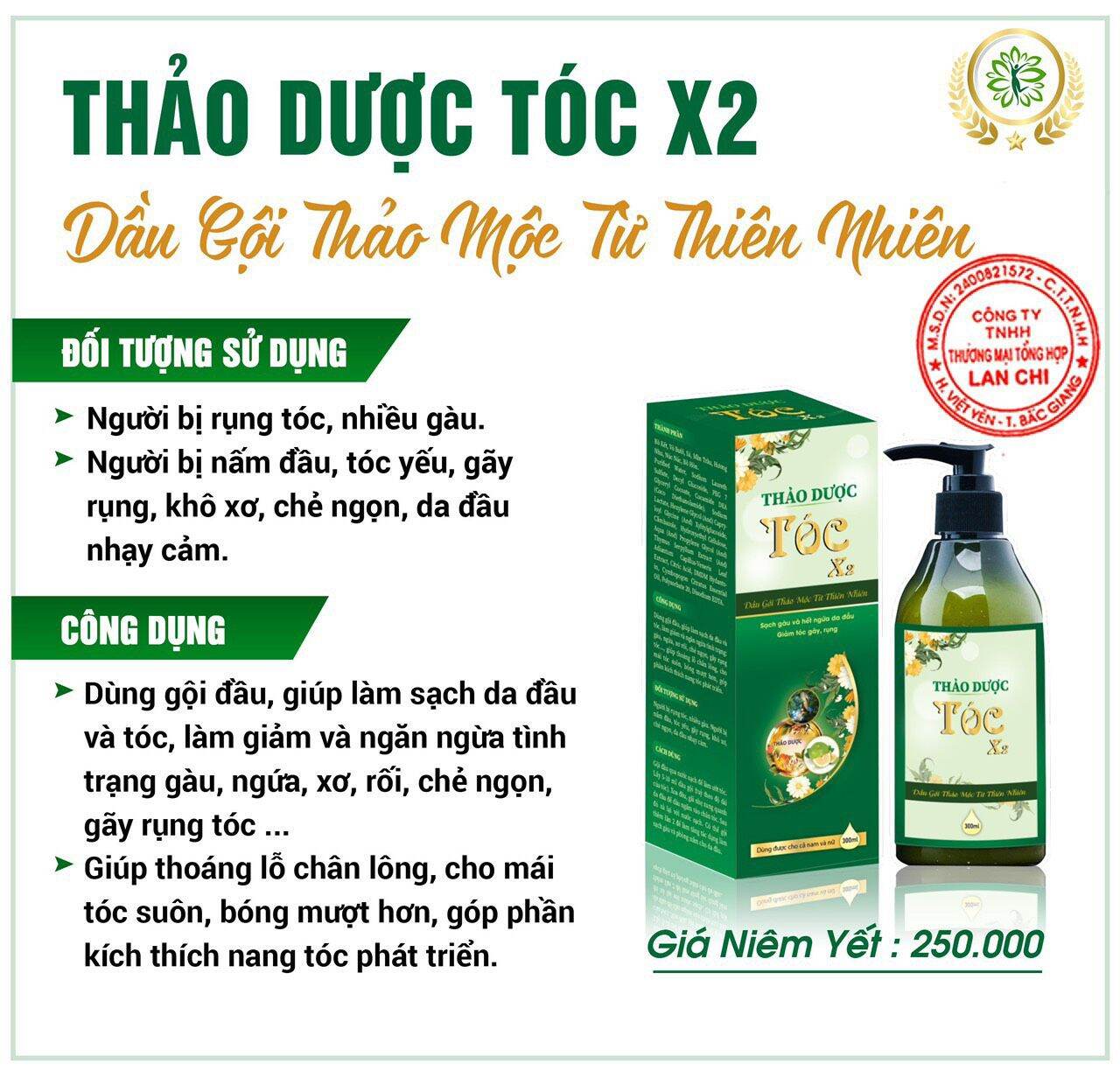 Dầu gội thảo dược tóc x2 đánh bay gàu và nấm da đầu của đông y lan chi