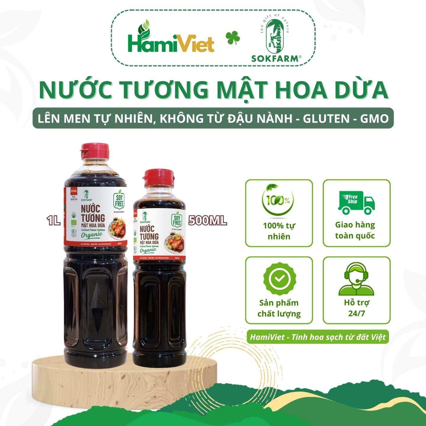 Nước tương mật hoa dừa organic Sokfarm dòng nguyên bản chuyên nấu ăn vị Umami tự nhiên, an toàn