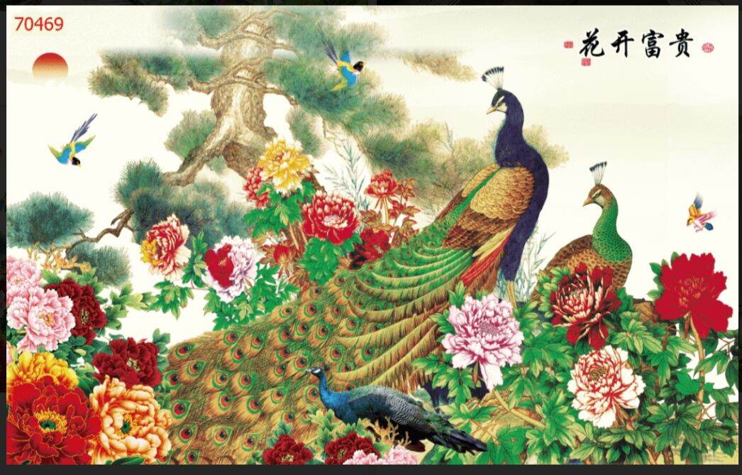 tranh lụa 3d dán tường phòng khách, tranh hoa mẫu đơn 1m2 x 0.8m