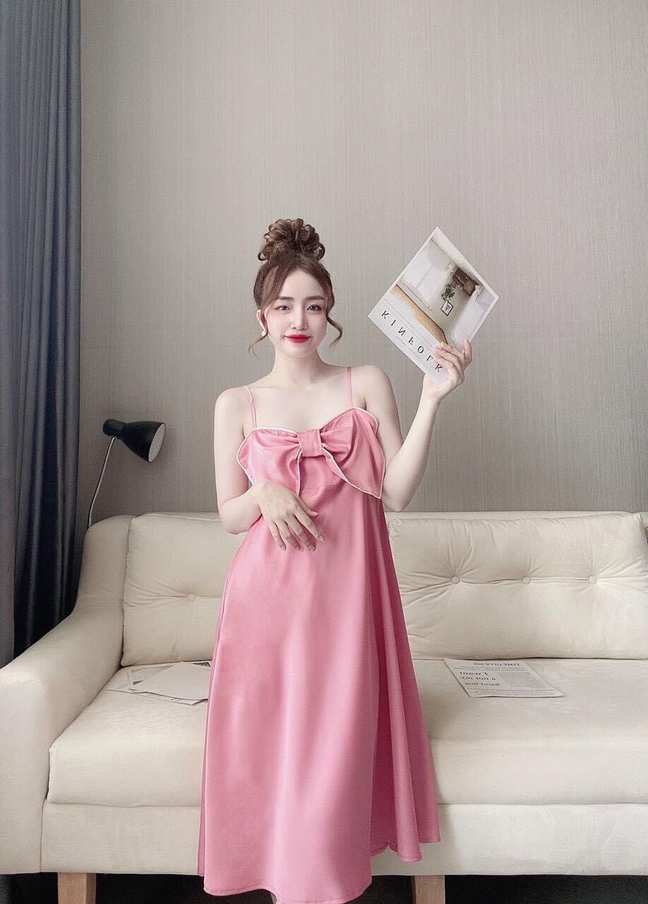 Đồ ngủ nữ, Váy ngủ nữ nơ ngực tiểu thư chất lụa satin quảng châu
