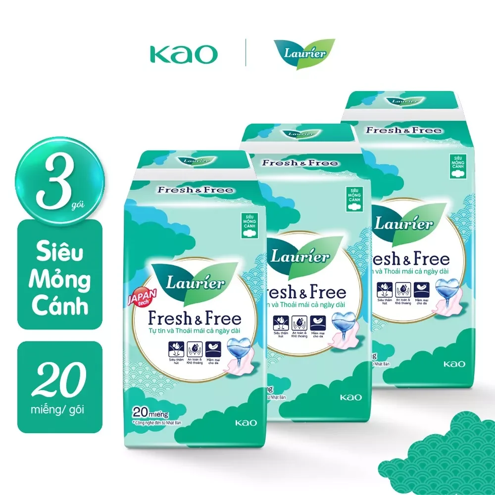Mua 1 tặng 2. băng vệ sinh laurier fresh&free siêu mỏng cánh 22cm 20 miếng