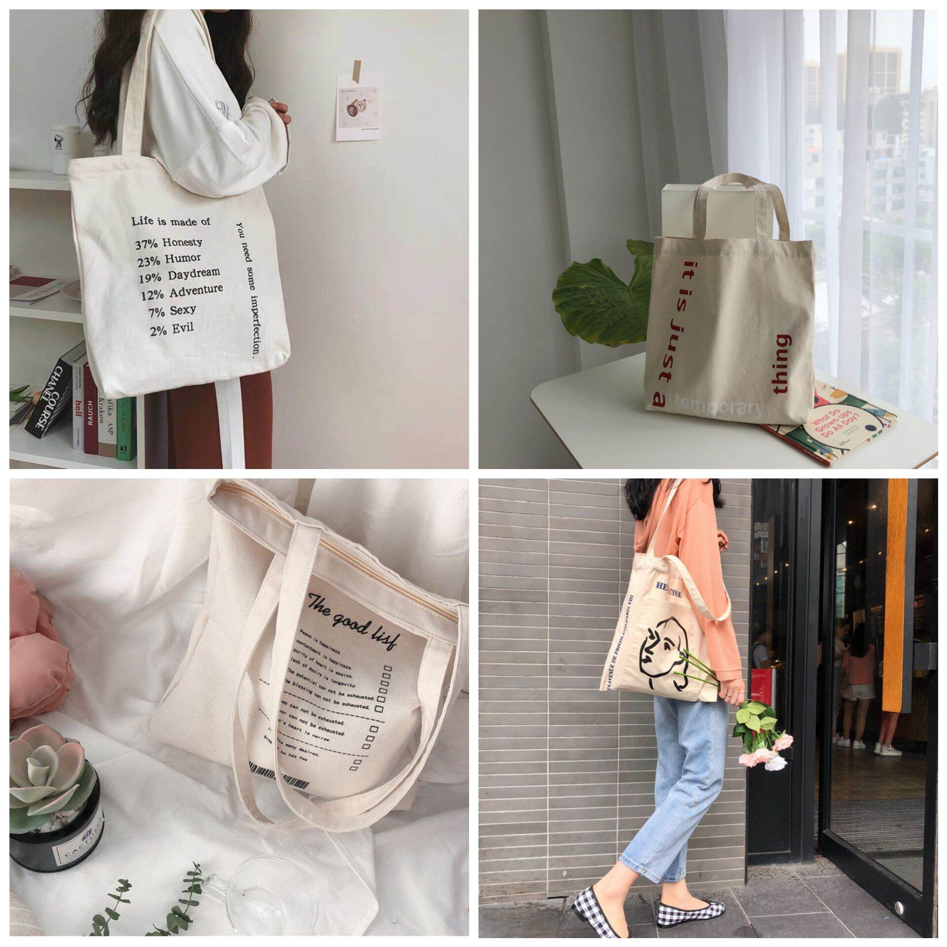 Túi tote vải canvas phong cách Vintage có khóa miệng+ ngăn phụ