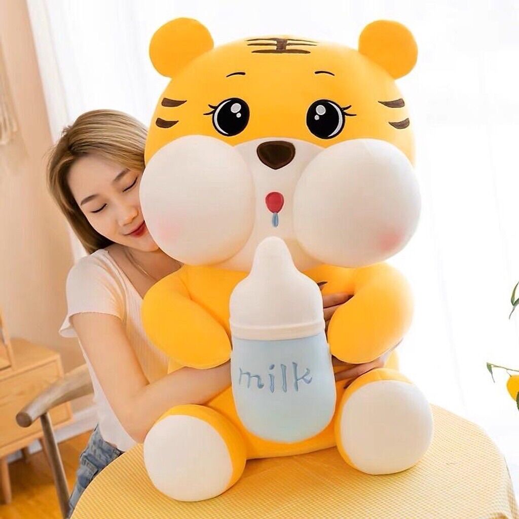 Gấu bông hổ dễ thương I Hổ ôm b ình sữa nhồi bông màu vàng I Kích thước 75cm I Dáng ngồi dễ thương