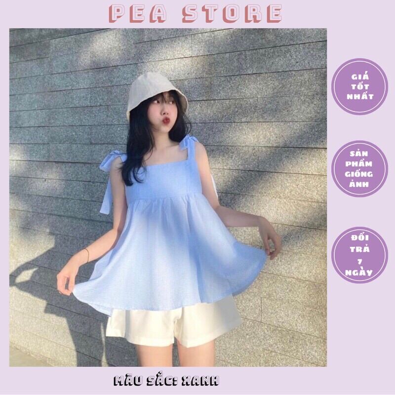Set áo hai dây babydoll buộc nơ vai kèm quần sooc trắng Ulzzang freesize, Style Hàn PeaStore