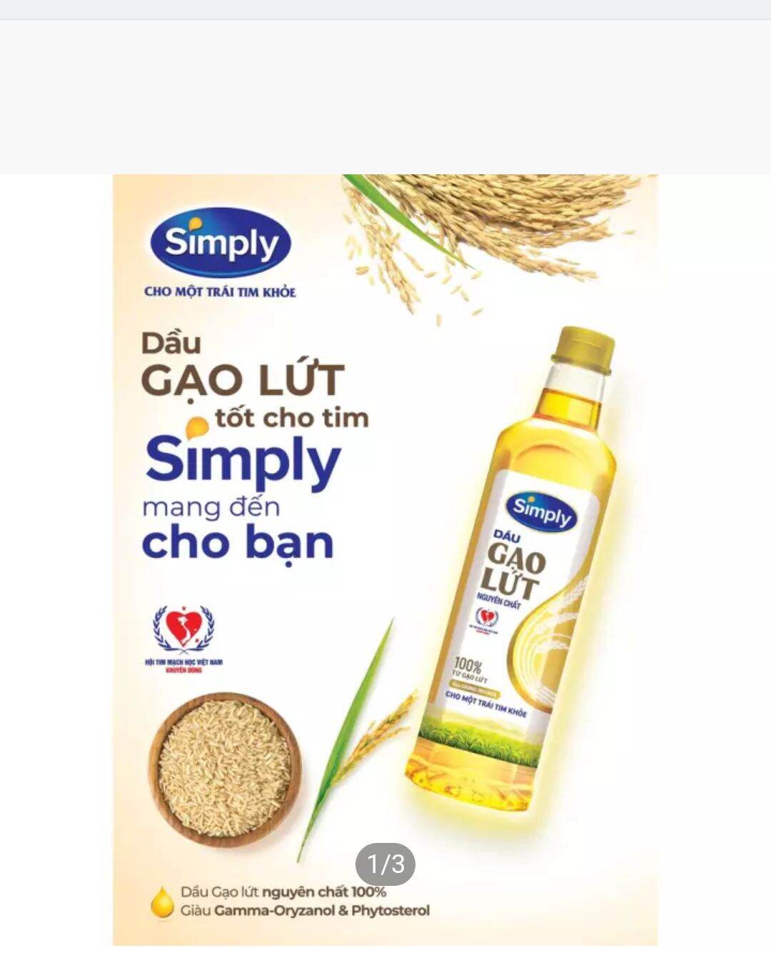 Dầu ăn Simply gạo lứt .Giàu Omega 3 , 6,9 rất tốt cho tim mạch