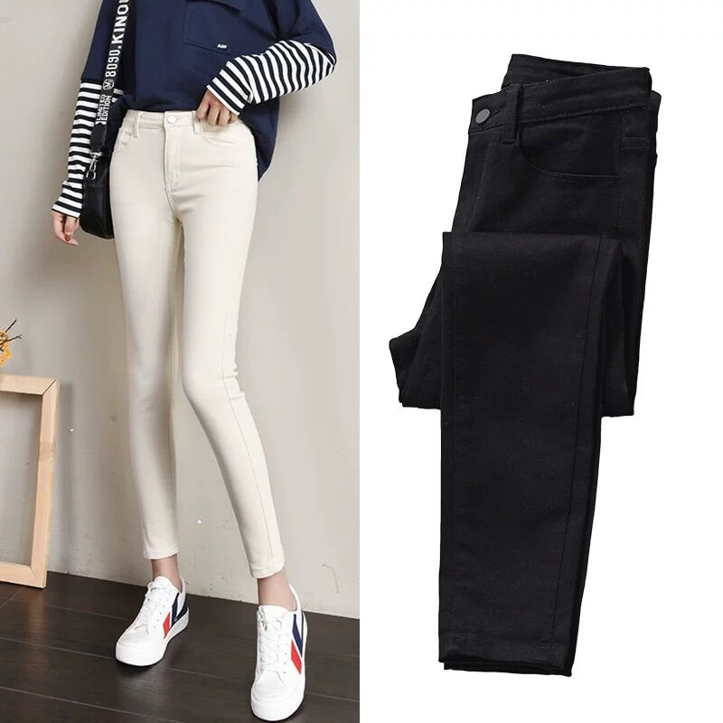 Quần legging jeans trắng đen co giãn tốt big size 65kg lưng vừa cao cấp