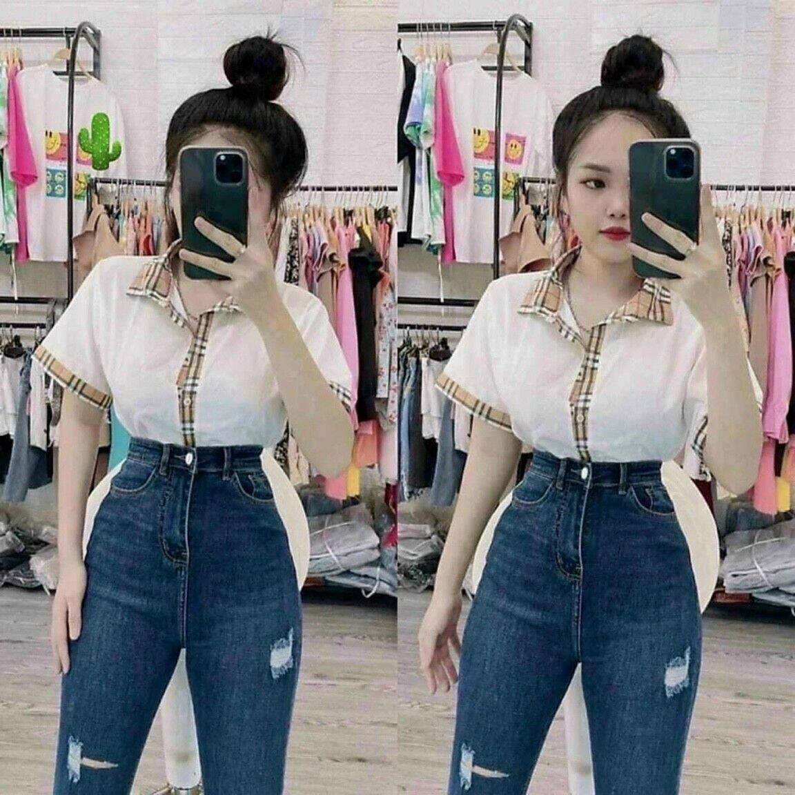 Áo sơ mi phối karo giữa thân áo cổ polo tay ngắn viền form dưới 50kg