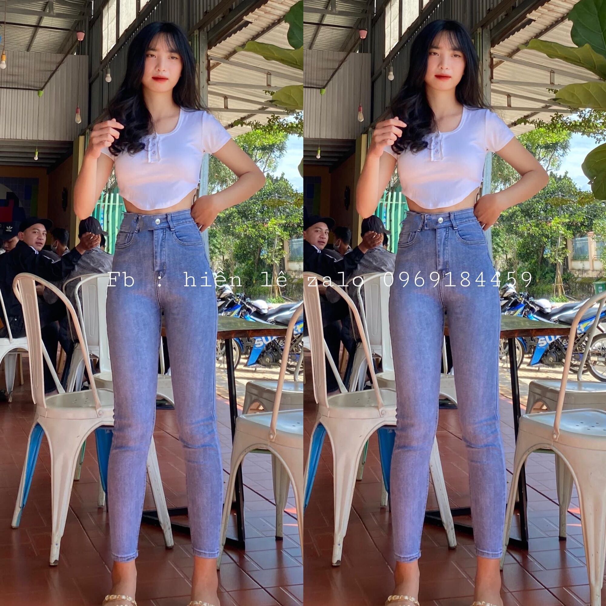 Set jeans dài co giãn trơn + Crop vạt bầu gài nút🌞