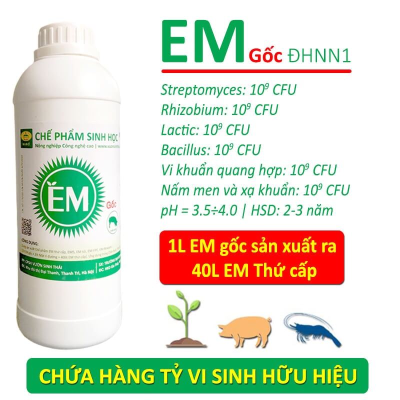 Chế phẩm sinh học EM gốc. Men Vi Sinh chuẩn của Đại Học Nông Nghiệp 1 Hà Nội. Từ 1 lít EM1 sản xuất ra 40 lít thứ cấp. HSD 2-3 năm