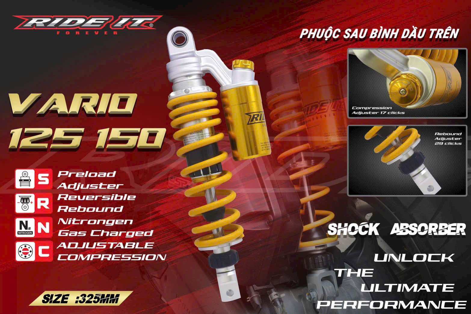 Phuộc sau Vario 125 -Vario 150 bình dầu trên Ride It chính hãng