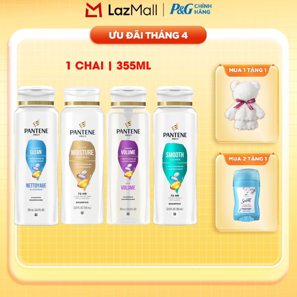 Dầu Gội PANTENE Nhập Khẩu Mỹ Hương Smooth  Sleek/ Moisture Renewal/ Smooth  Sleek/ Sheer Volume Chai 355ML