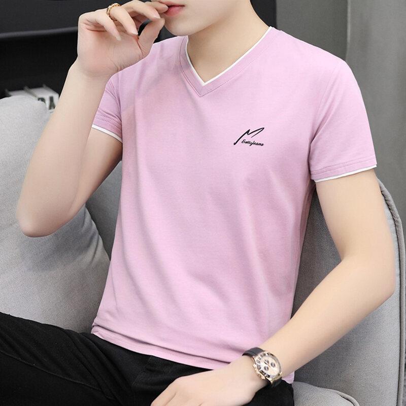 Áo Thun Nam Tay Ngắn Áo Thun Cổ Tim Chữ V 2023 Cotton Cho Thanh Niên Áo Thun Dễ Phối Thời Trang
