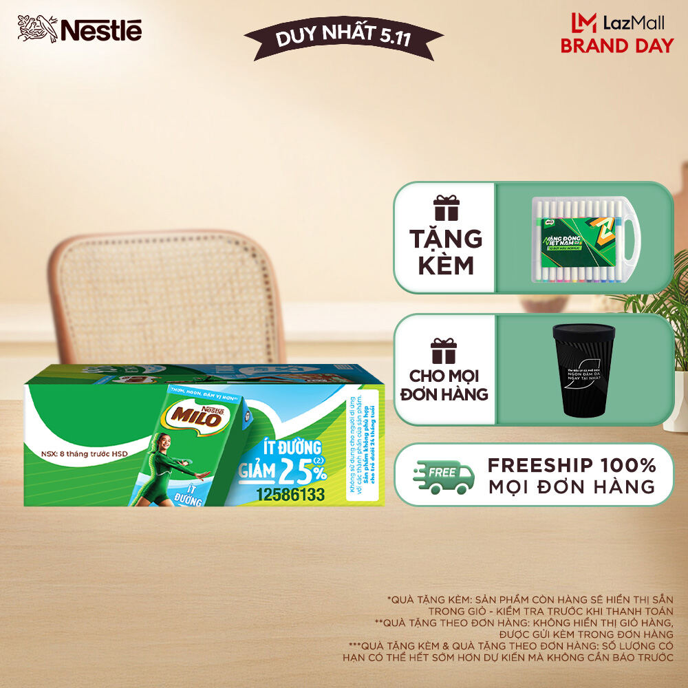 [ƯU ĐÃI THÁNG 11] [Giao hàng toàn quốc] Sữa lúa mạch Nestlé® MILO® ít đường thùng 48 hộp x 180ml (12