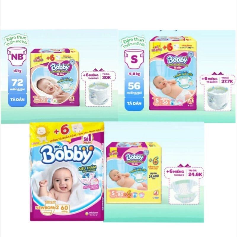 [TẶNG 6 MIẾNG] tã dán bobby sx70+6/S80+2/ newborn2-60+6/ s56+6
