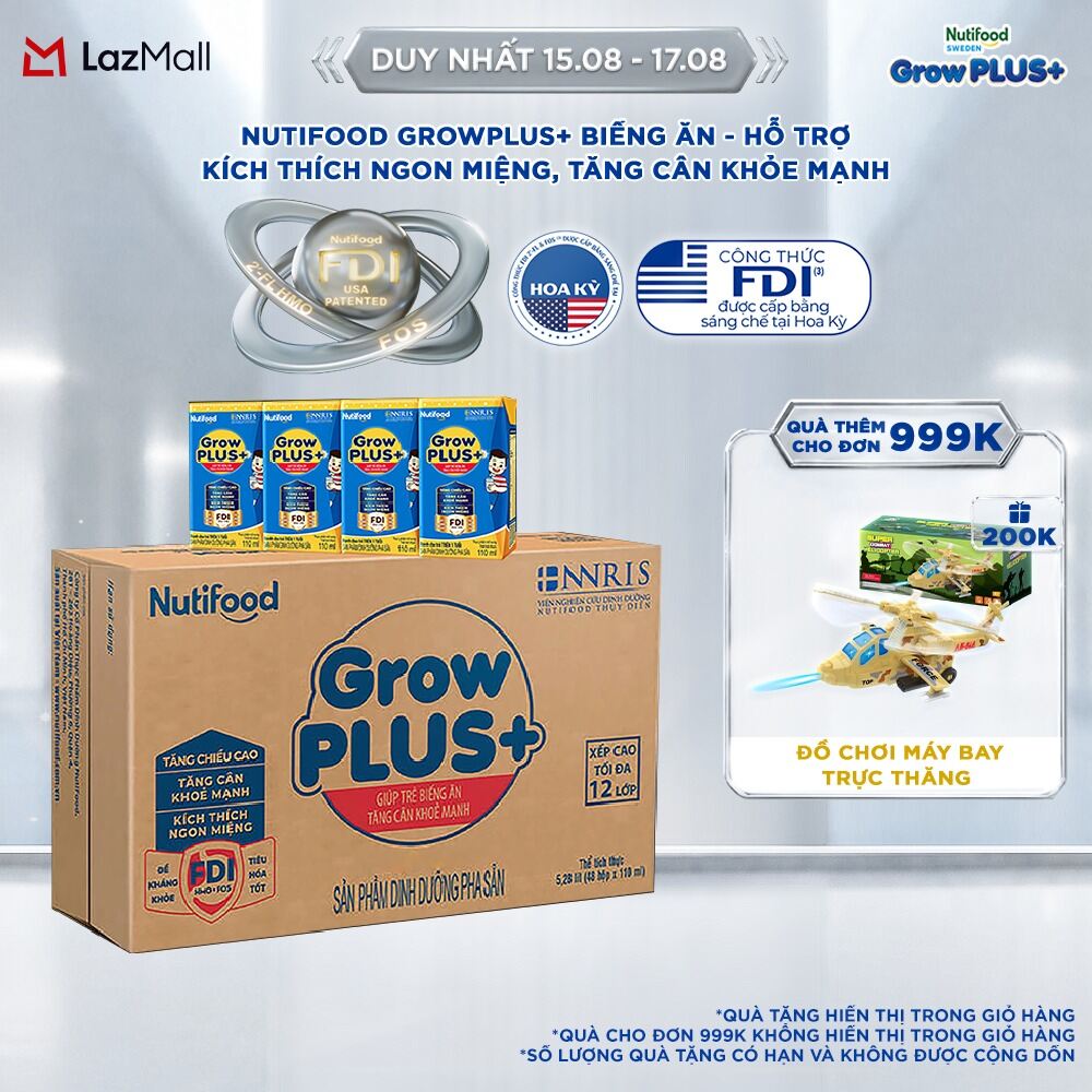 Thùng Sữa Bột Pha Sẵn Nutifood GrowPLUS+ Biếng Ăn 110ml - Hỗ Trợ Kích Thích Ngon Miệng, Tăng Cân Khỏe Mạnh - Trên 2 Tuổi (48 Hộp x 110ml)