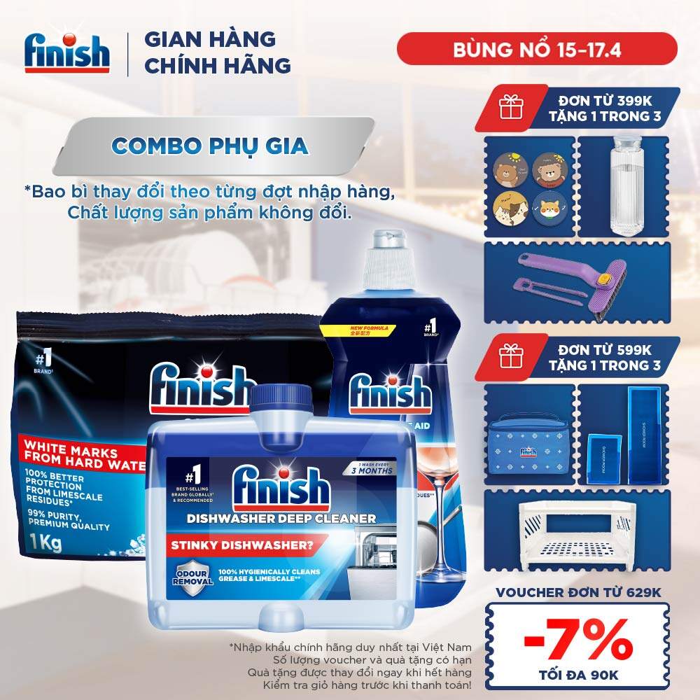 Combo phụ gia Finish: Nước làm bóng 500ml + Dung dịch vệ sinh máy 250ml + Muối rửa chén bát
